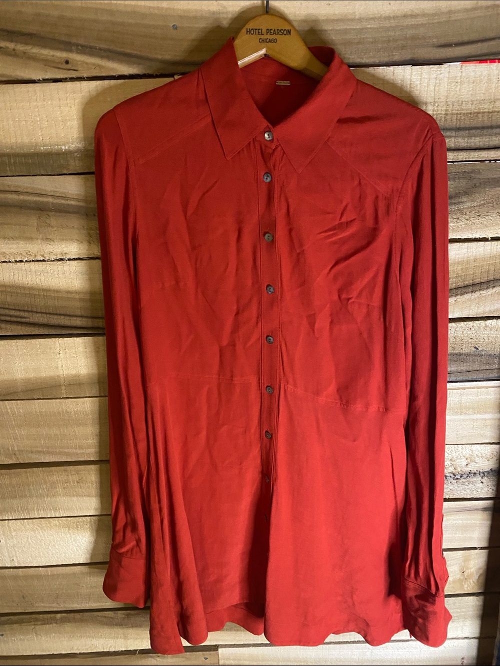 Free People dark orange Button-Up Shirt - Classic Long-Sleeve medium long rayon